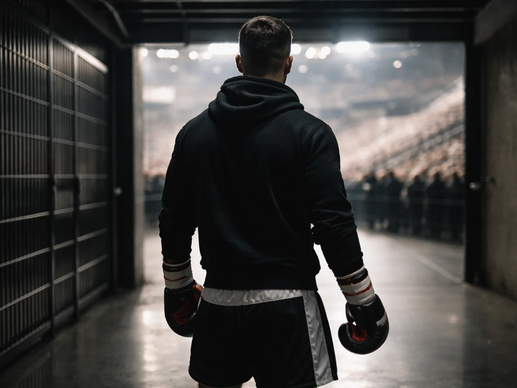 Generic boxer in gloves near an arena entrance, preparing for a major promotional event.