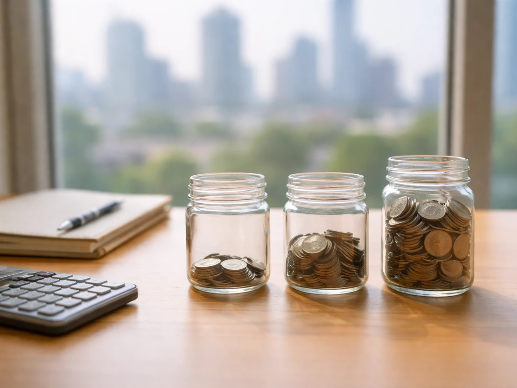 Minimal desk photo with three unlabeled glass containers of different fill levels symbolizing net-worth ranges.