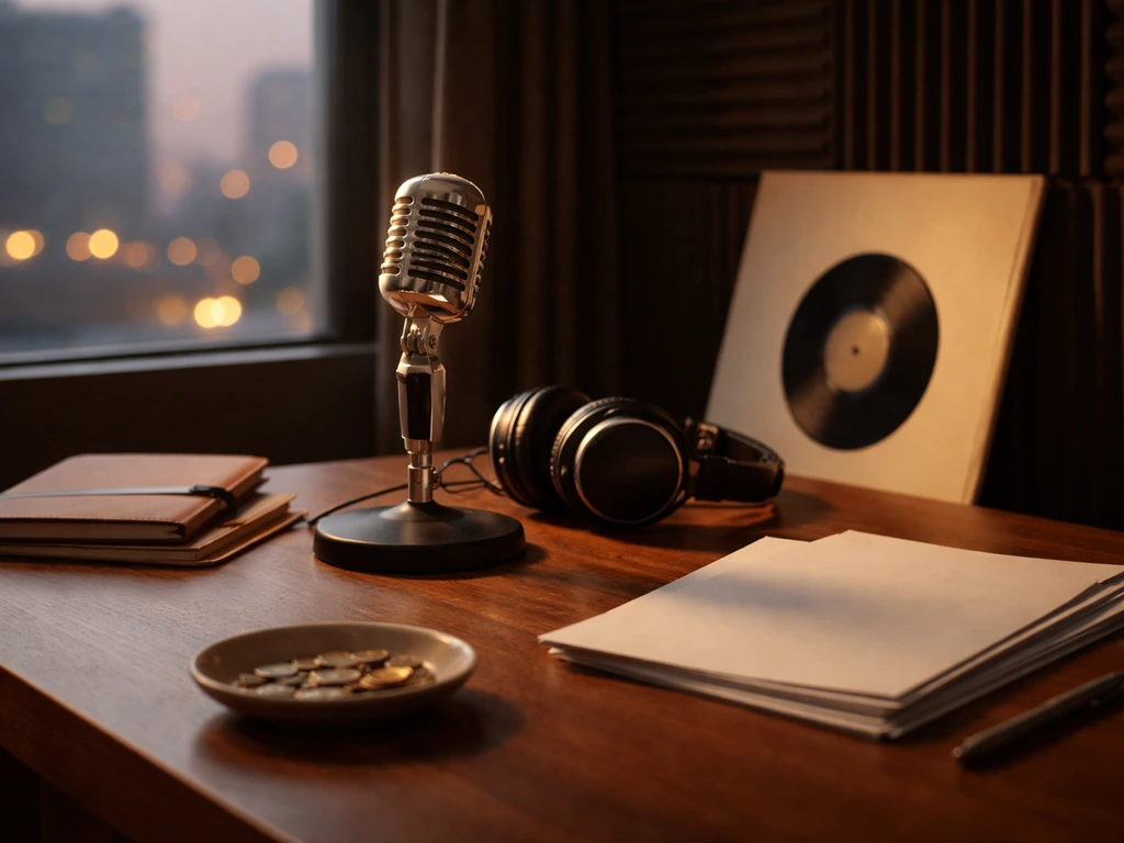 Unbranded music studio desk with microphone, headphones, blank papers, and coins symbolizing early label era.