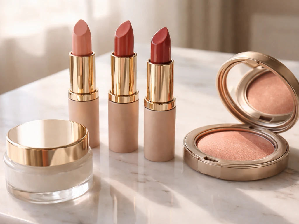 Beauty For Certain cosmetic products arranged on a clean vanity, showing packaging and textures.