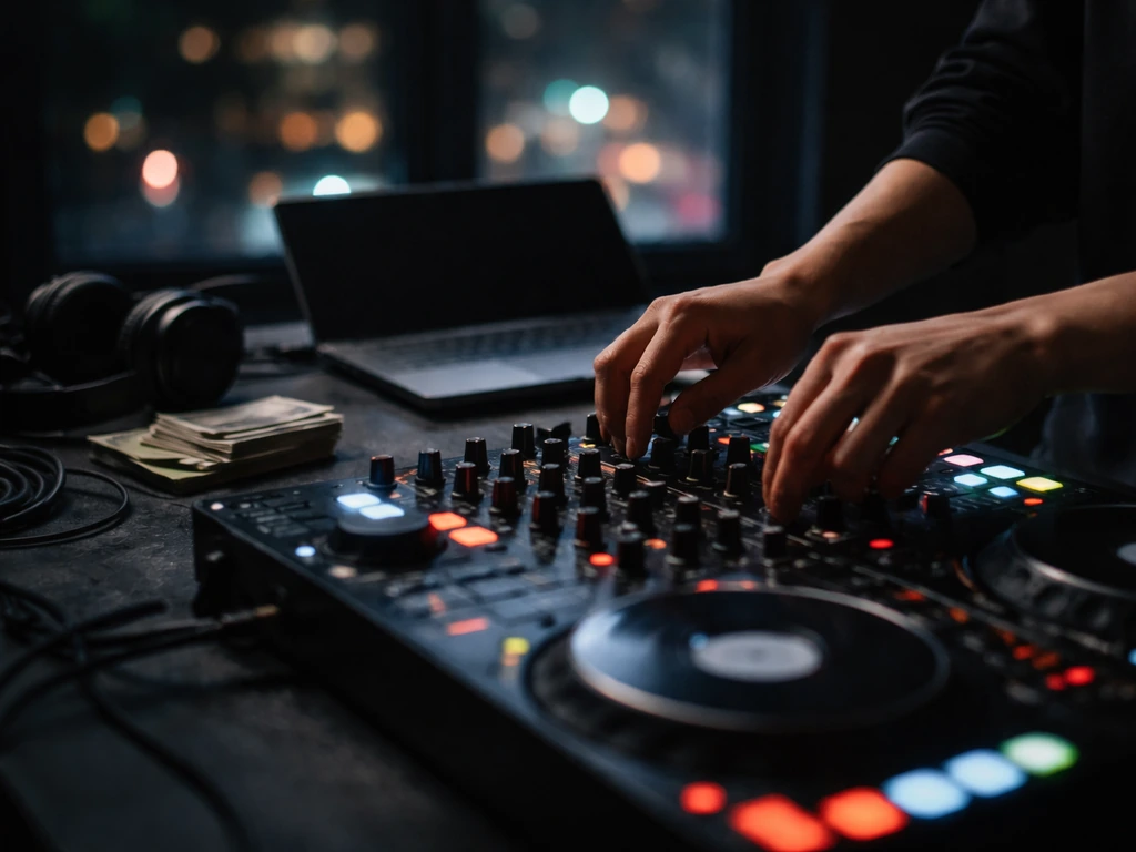 Hands adjusting DJ gear in a moody studio-like NYC setting, symbolic of DJ/producer success and money.