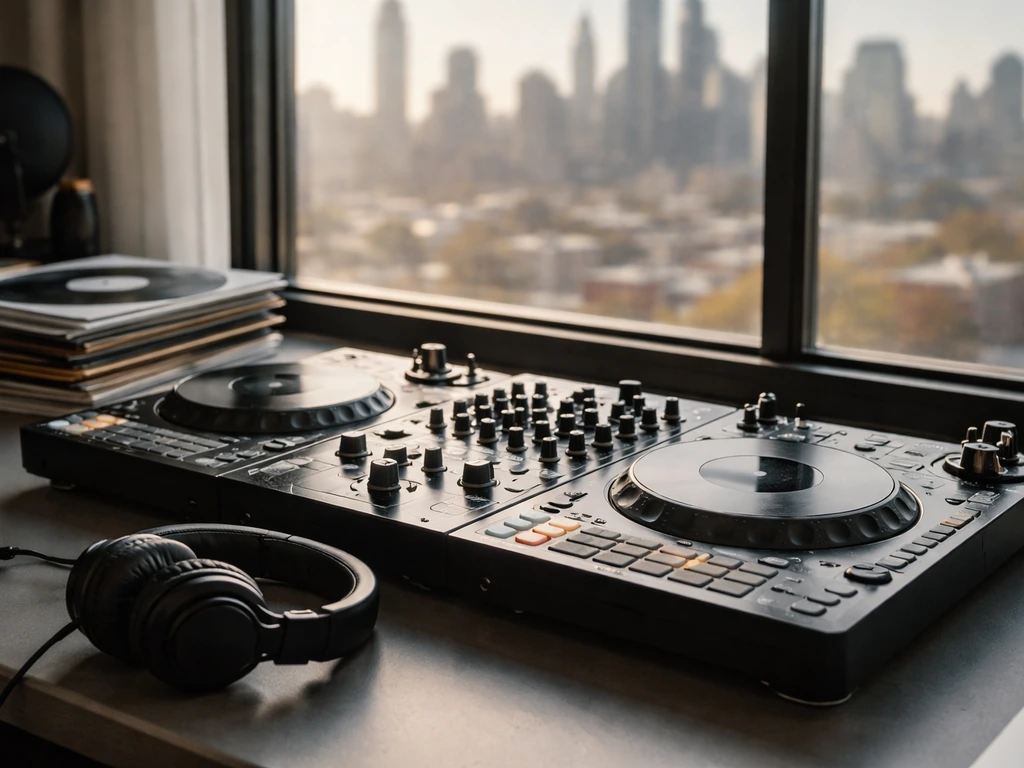 Minimal music studio setup with DJ gear and headphones, city skyline light through a window.