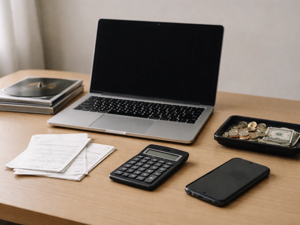 Minimal desk scene with music media cases, handwritten paper, and a calculator symbolizing estimate inputs