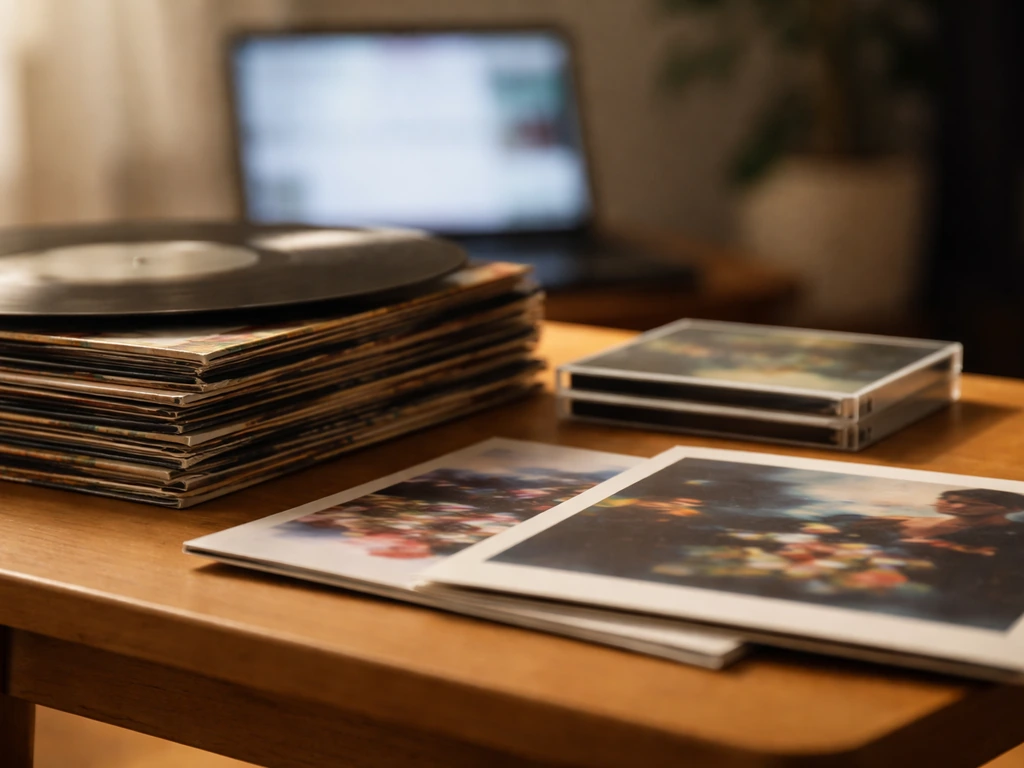 Close-up of vinyl records and a few CD jewel cases on a small table, with streaming-style album art covers