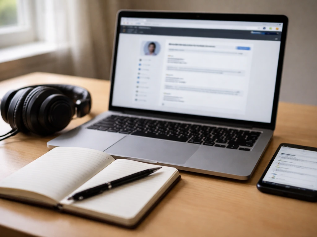 Minimal desk scene with laptop and phone showing blurred verification pages, plus headphones and blank notebook.
