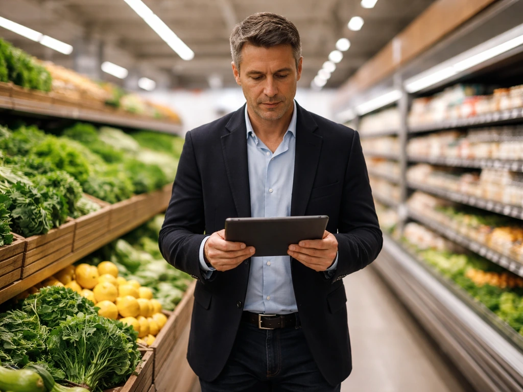 Grocery executive type in a market aisle with fresh produce crates and overhead lights