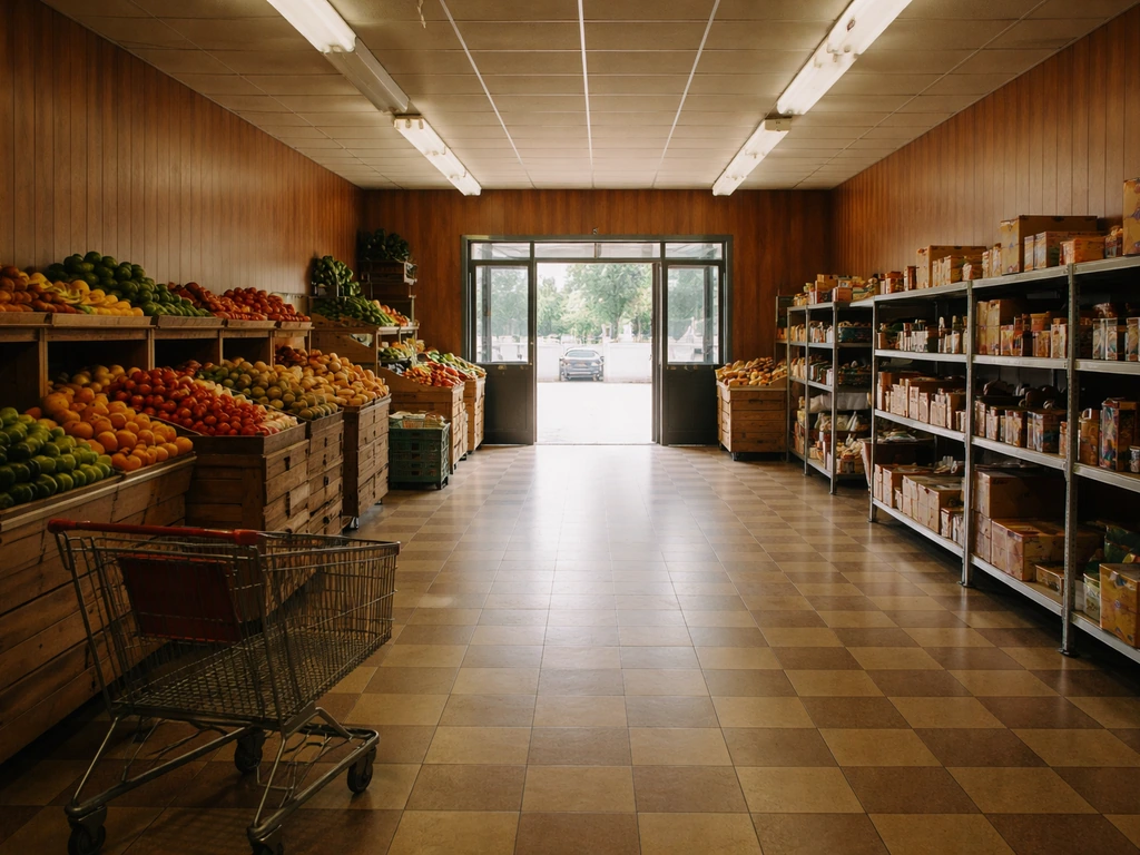 1970s-era grocery store interior with checkered floor, produce bins, and open doorway daylight