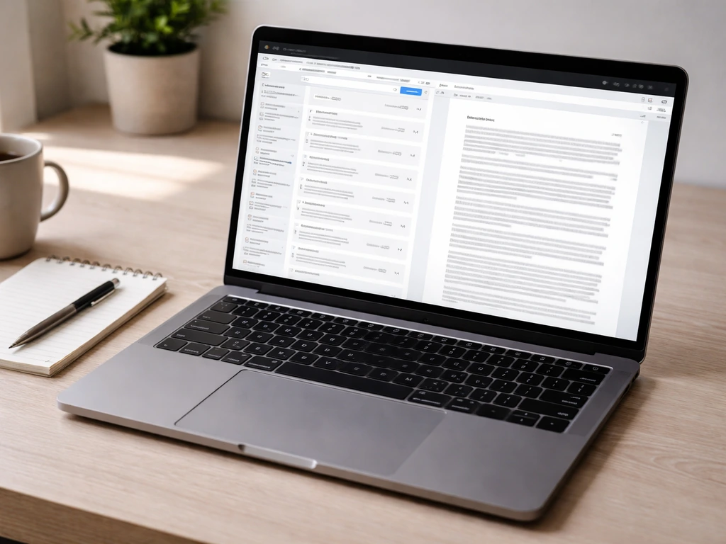 Close-up of a laptop showing a blank SEC EDGAR-style search page and an open filing document, minimal desk scene.