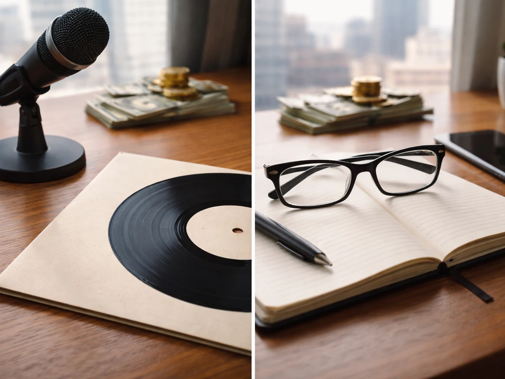 Split view of two generic music/media cues beside a blurred money-themed desk scene