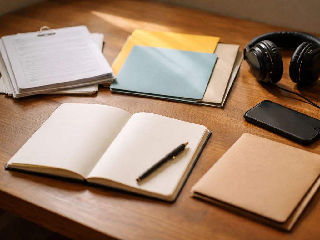 Minimal desk scene with a music royalty envelope, open notebook, and scattered documents for mapping income streams.