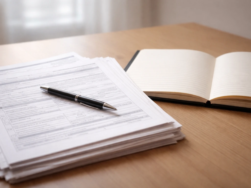 Close-up of mortgage and loan paperwork beside a pen and binder, with a simple ledger notebook in view.