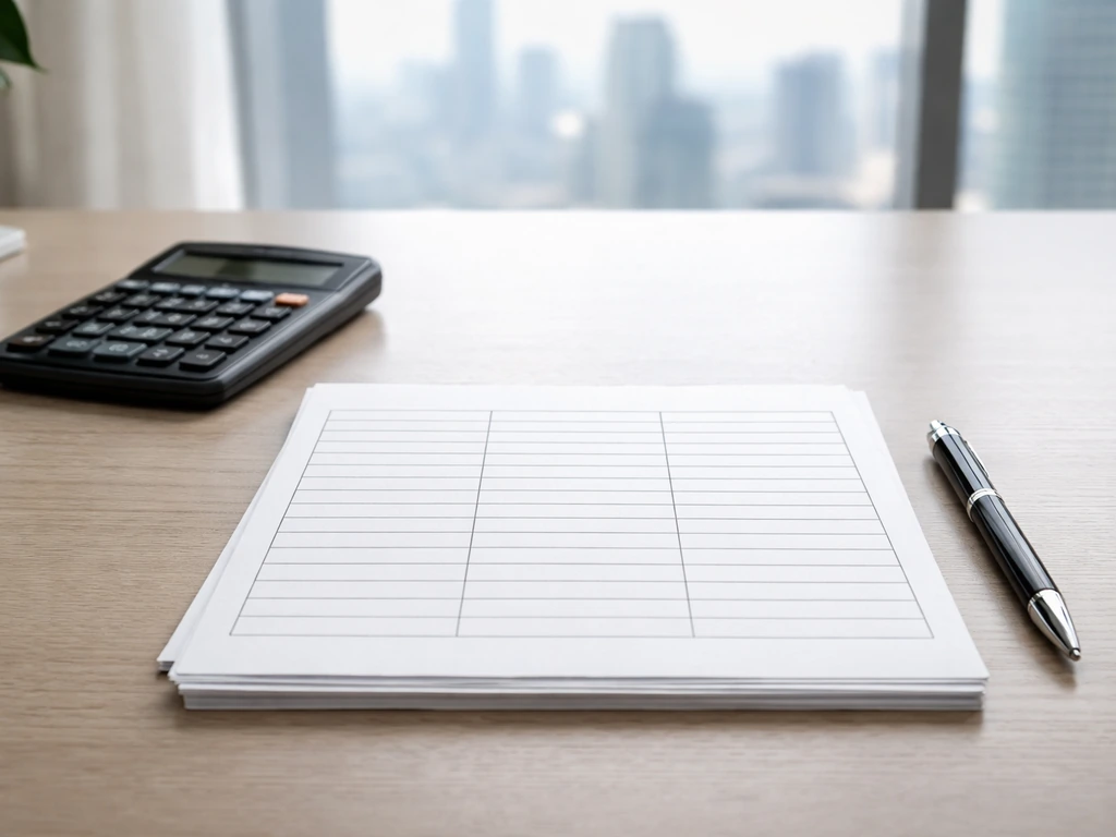 Desk scene with a calculator and neatly arranged papers suggesting a net worth calculation template.