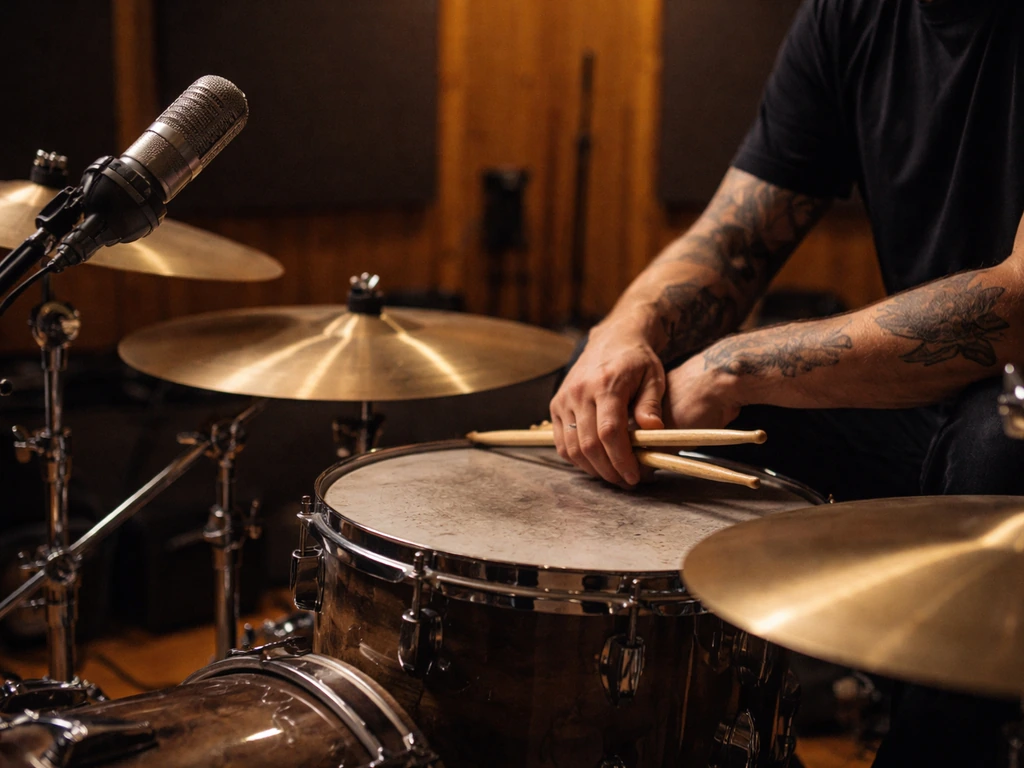 Anonymous music drummer in a studio with a microphone stand and drum kit, evoking a heavy-metal musician