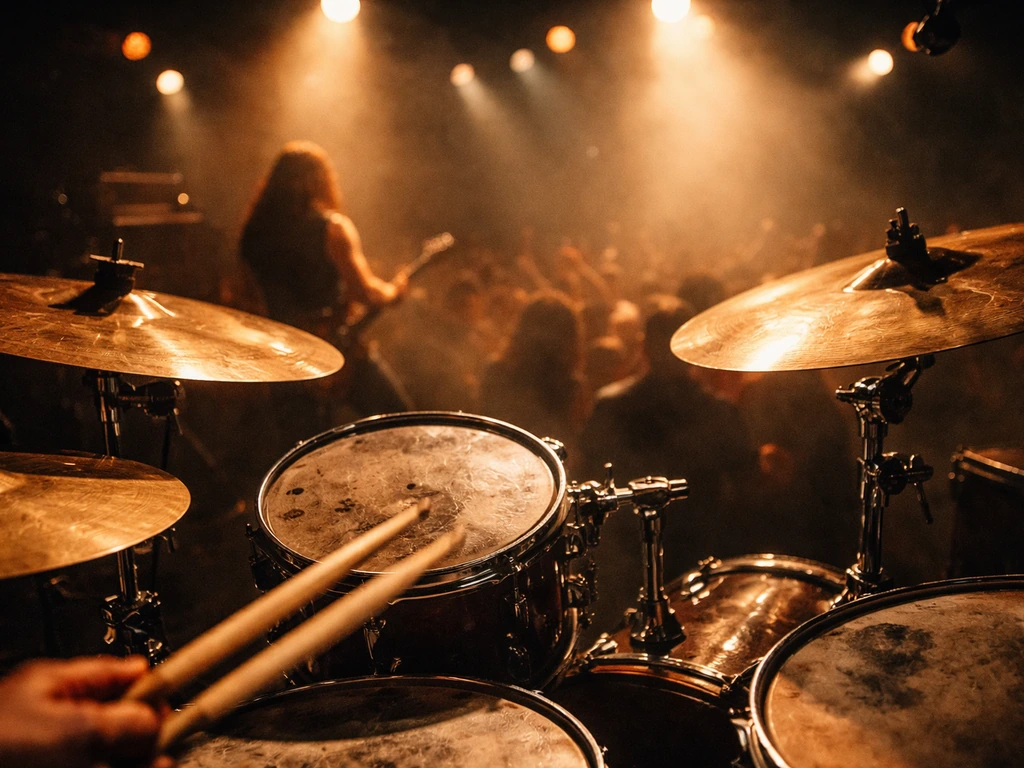 Close-up of a late-1970s heavy-metal drum kit on stage under warm lights, no identifiable people.