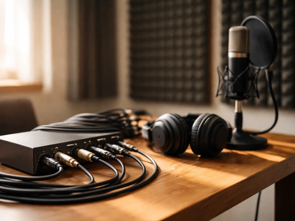 A quiet music studio desk with an audio interface and headphones, suggesting session work outside the spotlight.