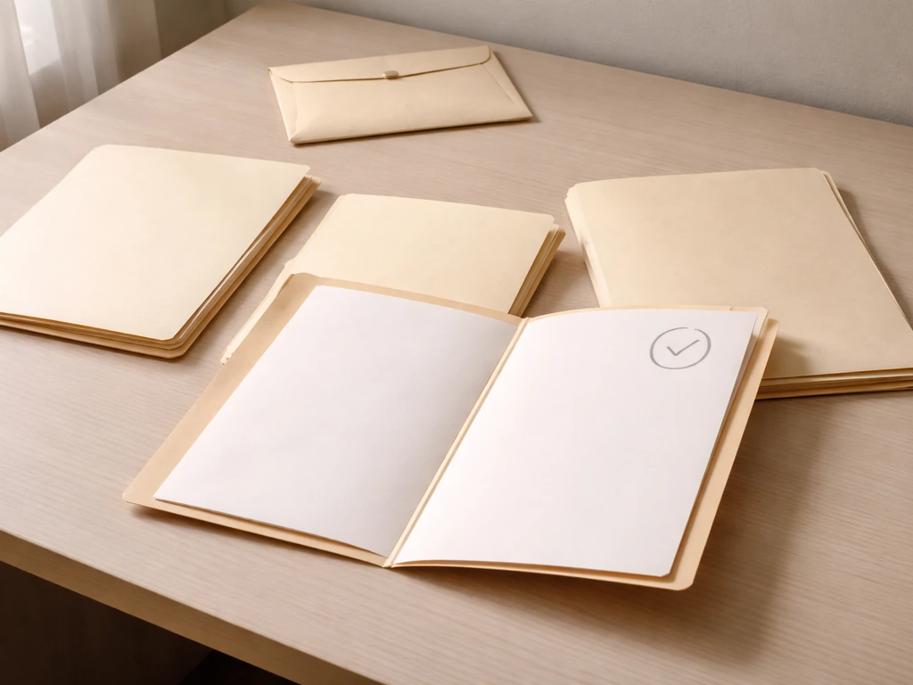 Minimal desk scene with an open folder and three empty document folders labeled unknown, no text visible.