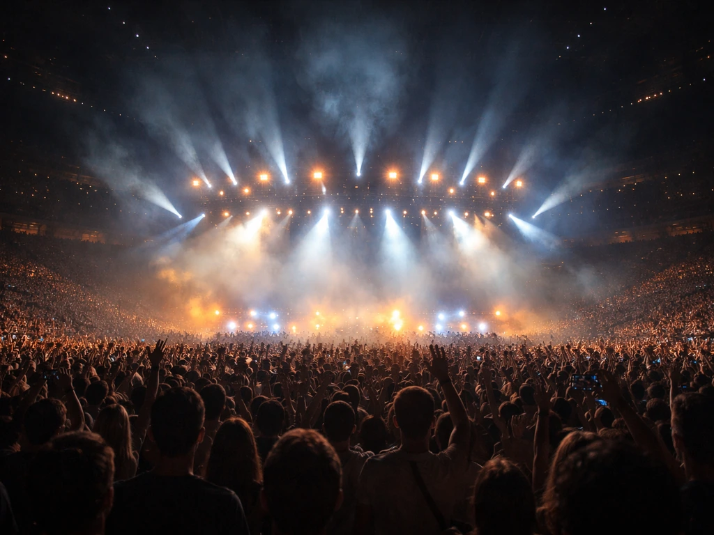 Wide arena concert scene with bright stage lights and a dense crowd, no visible performers or text.