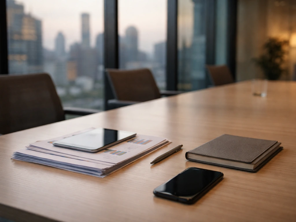 Minimal photo of a glass office conference room with business papers and a muted finance vibe