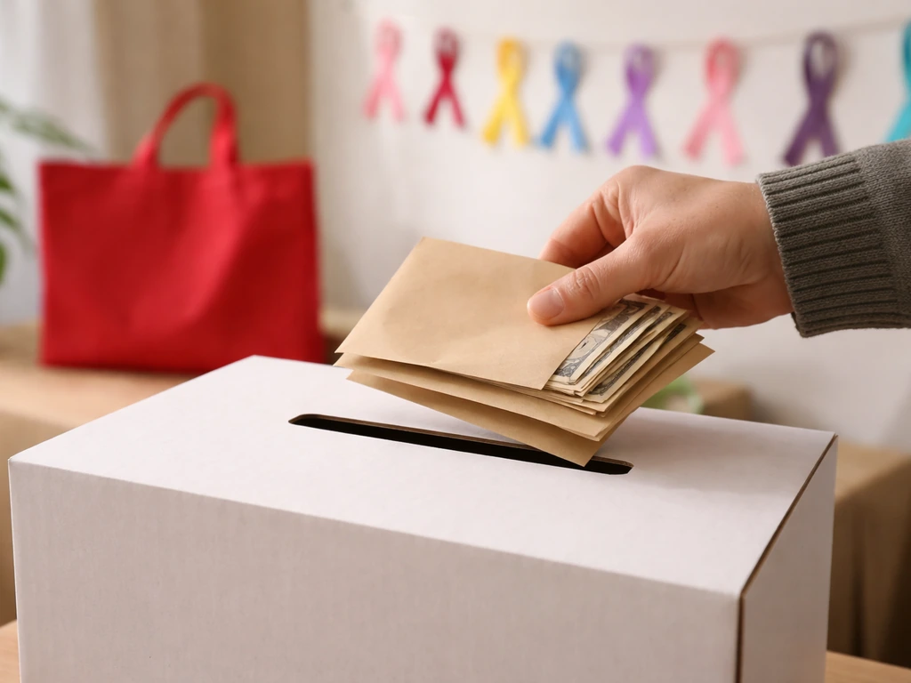 Anonymous hand placing cash into a donation box with a red-ribbon awareness backdrop.