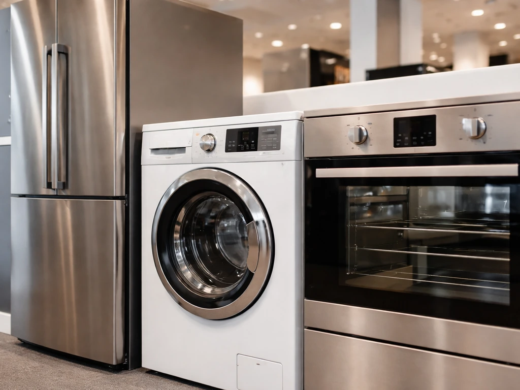 Close-up of a Beko appliance showroom display with refrigerators, a washing machine, and an oven