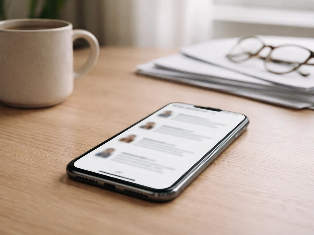 Minimal desk scene with a phone showing blurred search results, suggesting confusion between similar names and brands