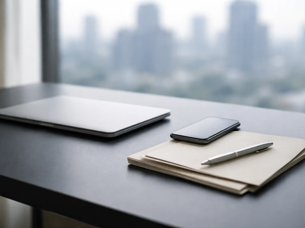 Minimal finance desk with laptop, documents, and pen beside a blurred city skyline.