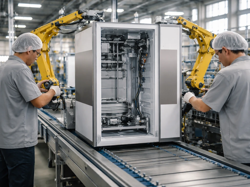 Workers assembling refrigerators on a clean factory line, appliances moving past robotic arms