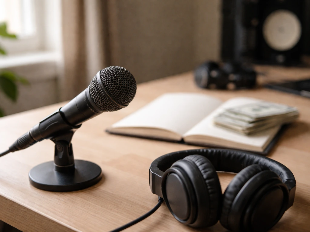 Minimal photo of a music studio desk with a microphone and cash-like props symbolizing net worth calculation