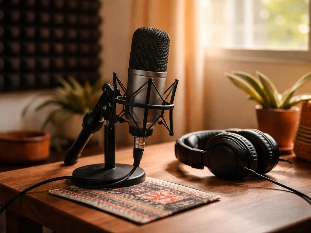 Studio microphone and headphones on a desk with warm natural light, minimal recording setup.