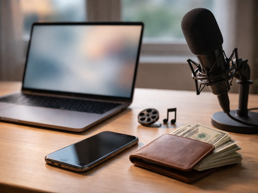 Minimal home studio desk with microphone and cash/wallet, symbolizing a realistic net worth range without showing any pe