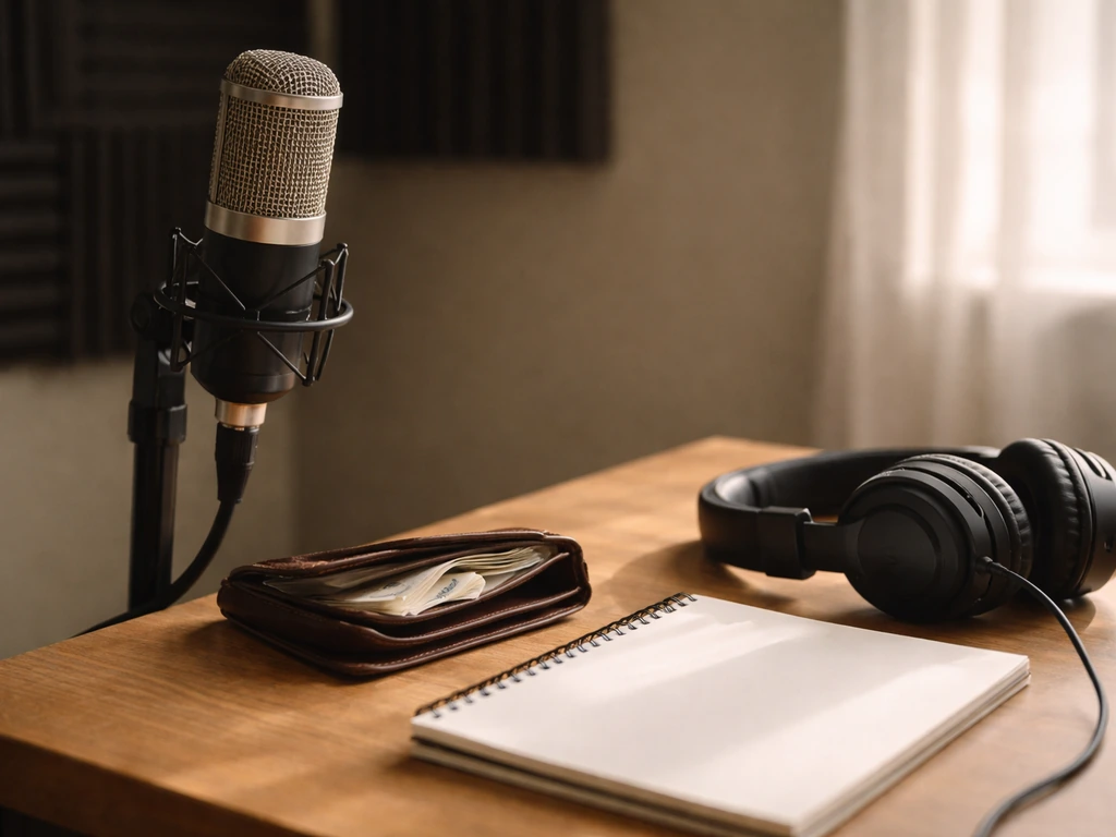 Minimal photo of a music studio setup with a microphone, wallet, and cash in an unbranded envelope