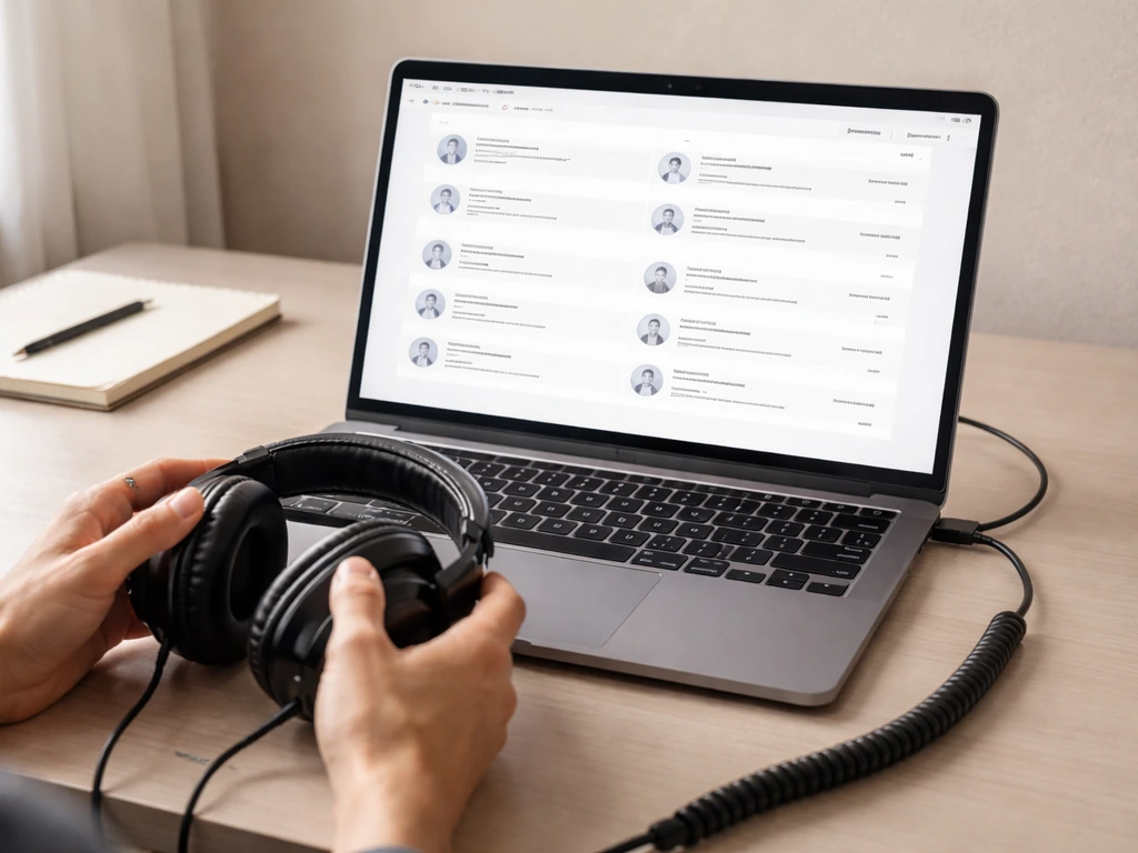 Minimal desk scene with headphones and a laptop showing music metadata-like page layouts without readable text.