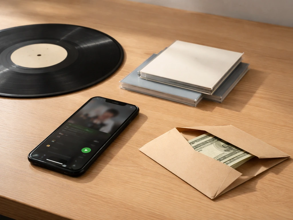Vinyl record, small album stack, a blurred music-streaming phone, and a kraft envelope suggesting royalties