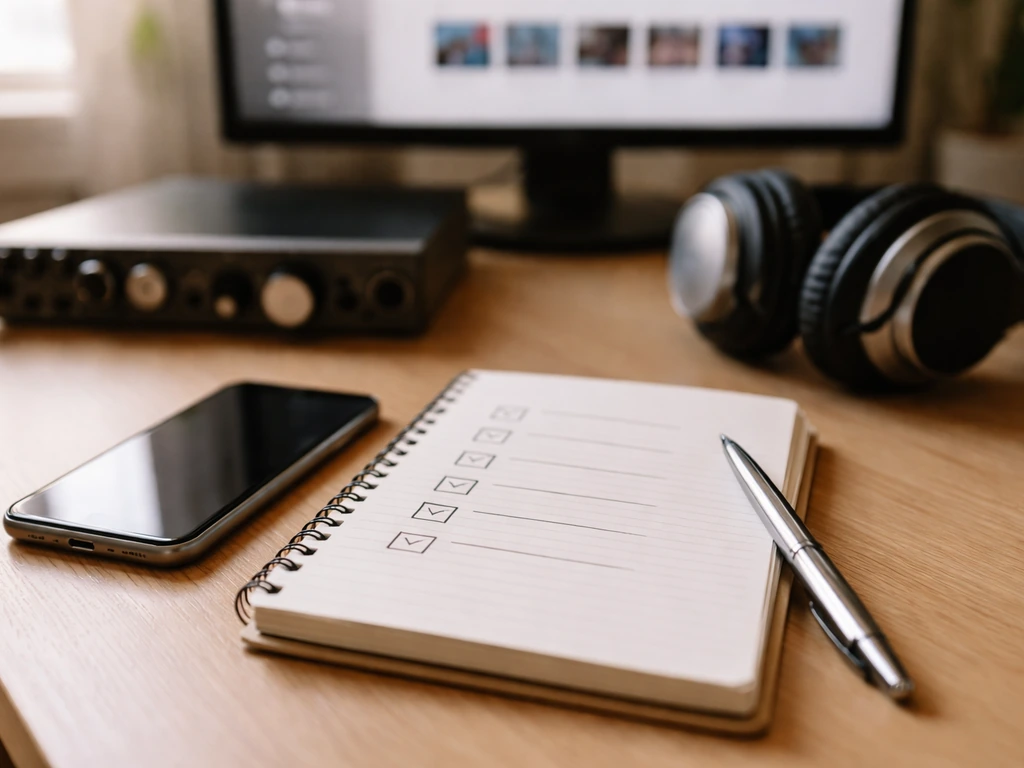 Minimal desk scene with a notebook checklist, smartphone, and music hardware symbolizing cross-checking net worth source