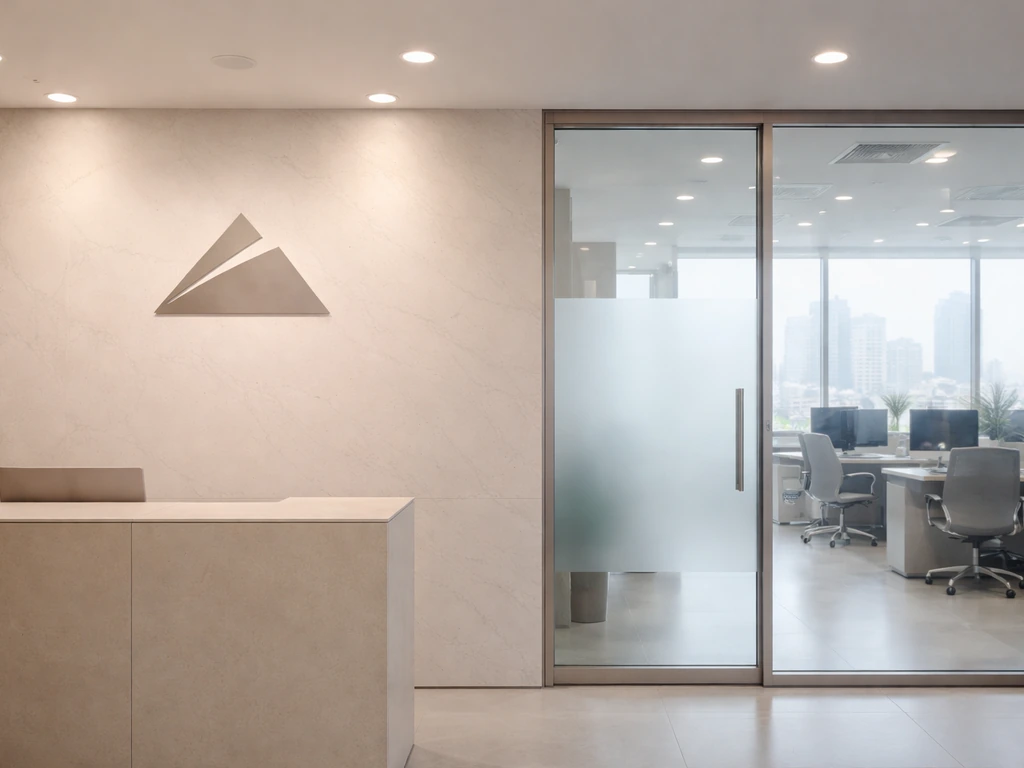 Modern South Korean office lobby with glass doors and a generic entertainment emblem hinting BH Entertainment.