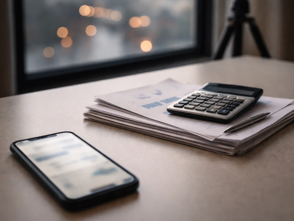 Minimal office desk with documents and calculator near a window, suggesting financial estimate analysis.