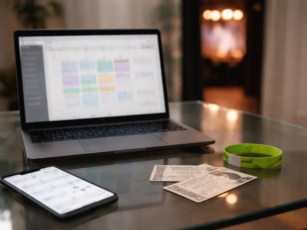 Minimal desk scene with laptop and smartphone showing blurred finance and event info, plus ticket stubs.
