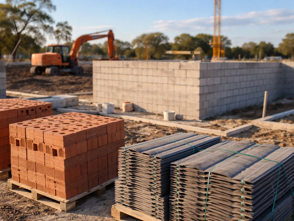 Construction site with red bricks and roof tiles, evoking a building materials company.