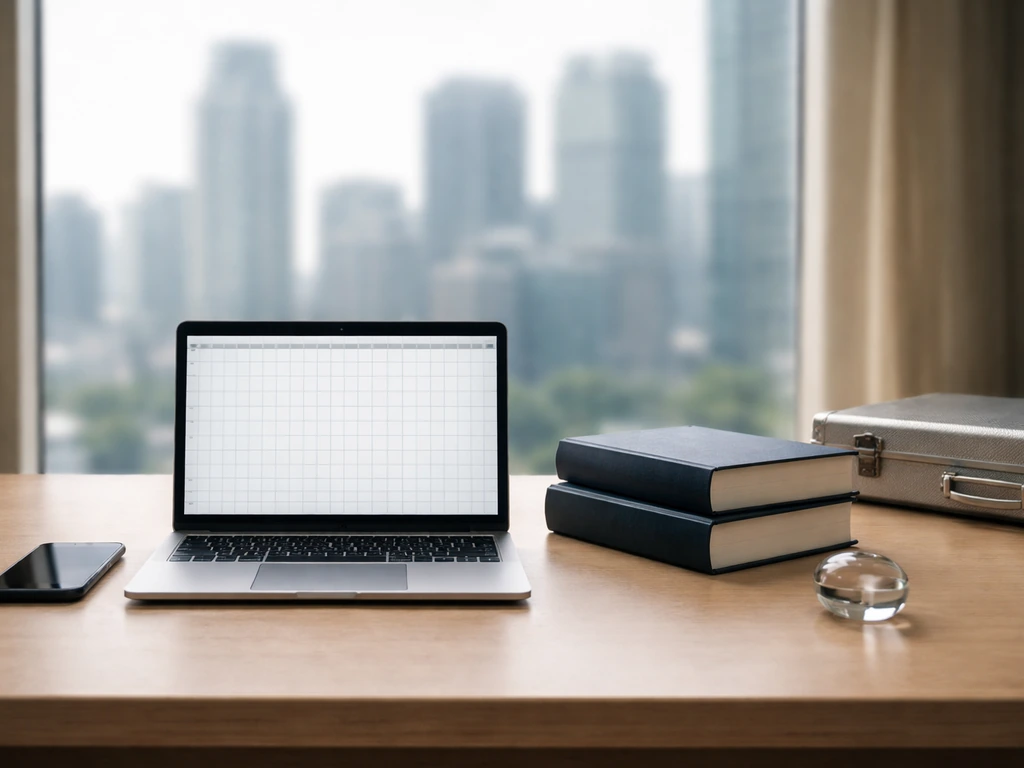 Minimal finance desk scene with laptop, books, and city view suggesting valuation context.