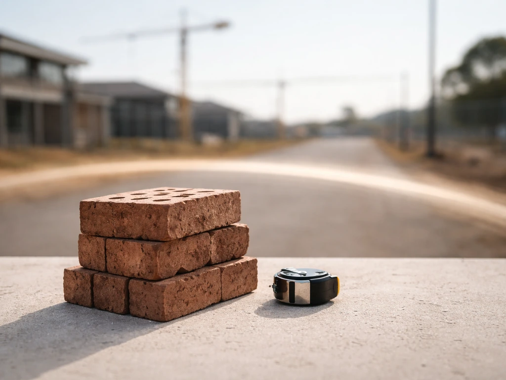 Minimal desk scene with Australian construction materials and an abstract time ribbon suggesting valuation drivers.