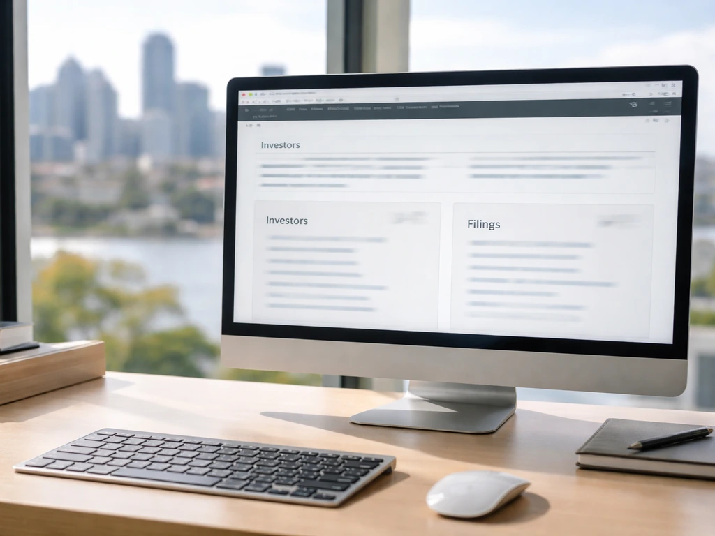 Minimal desk photo with a computer showing an unlabeled investor relations and filings webpage for verification.
