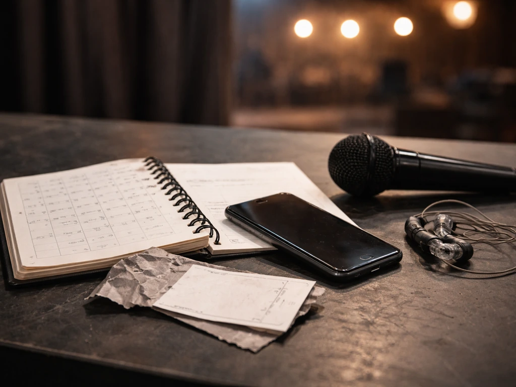 Concert touring evidence stack: notebook, ticket stub, phone, mic on a simple backstage table.