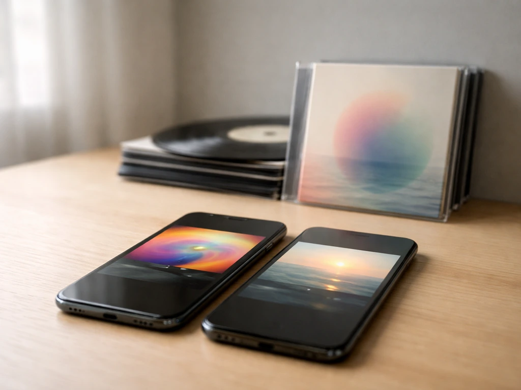 Minimal scene showing anonymous streaming app tiles beside an album cover on a desk