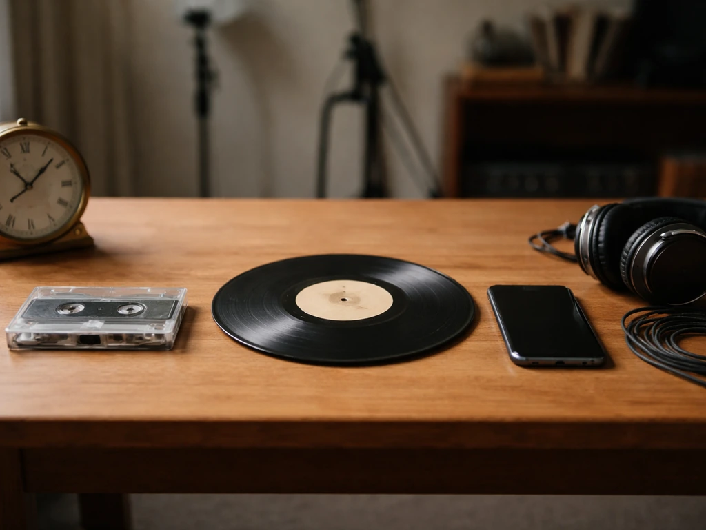 Minimal desk still life with cassette, vinyl, and smartphone symbolizing different career earning phases.