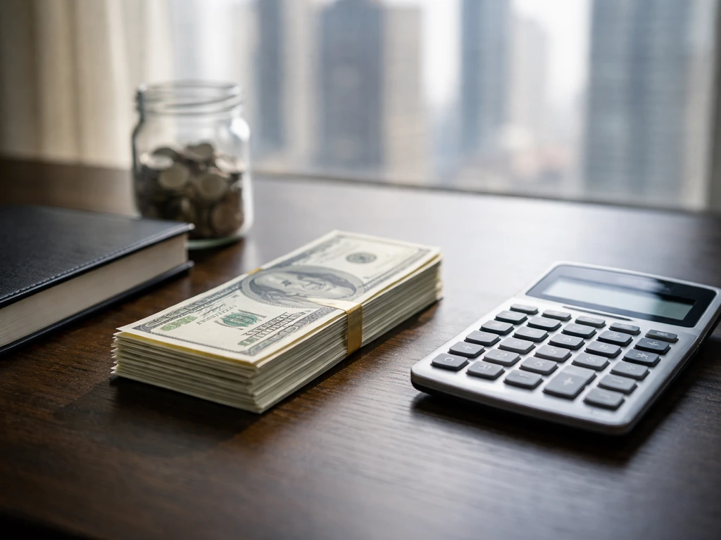 Luxury office desk with cash, a calculator, and a plain coin jar suggesting net worth estimates