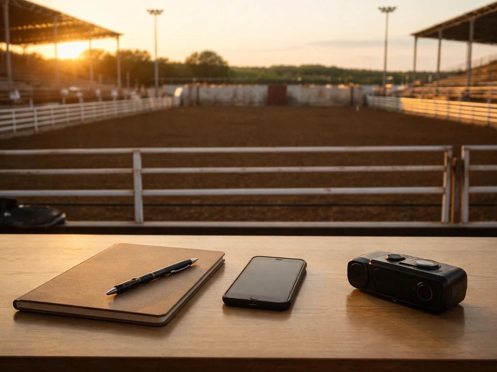 A rodeo arena with a business desk setup, symbolizing income and asset inference from operating scale