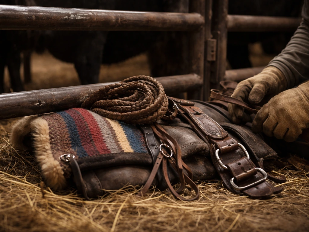 Close-up of rough rodeo stock tack and a bucking-pen gate with straw, suggesting rodeo contracting assets