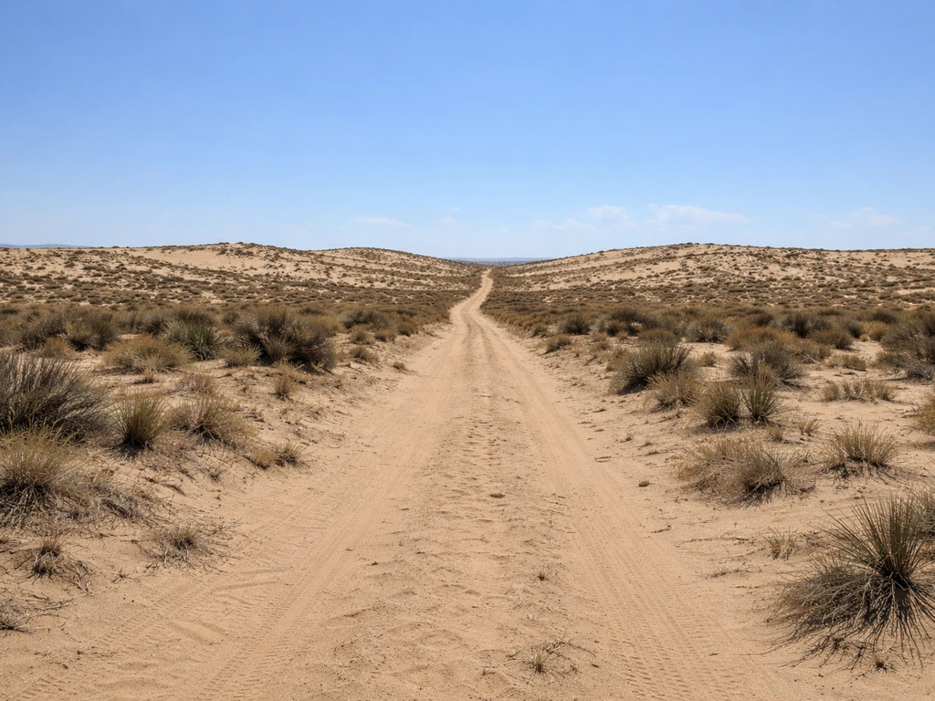 Wide view of desert dunes and dirt track showing expansive land scale, no people or buildings.