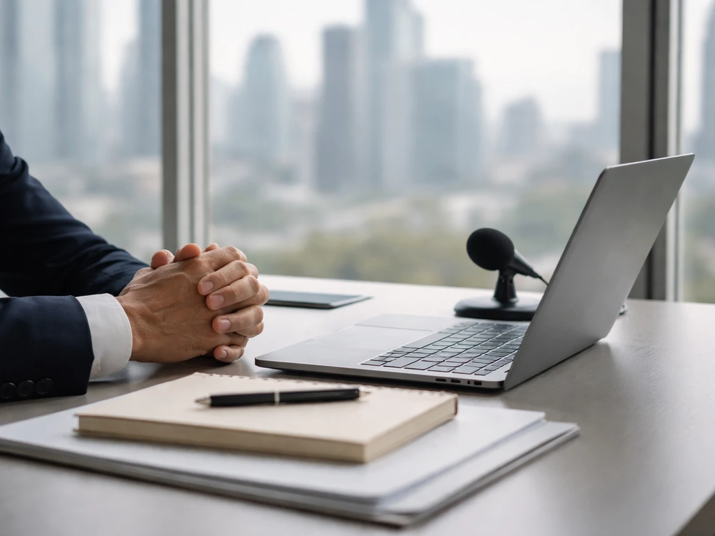Minimal photo of an anonymous finance professional at a desk with a microphone and city view