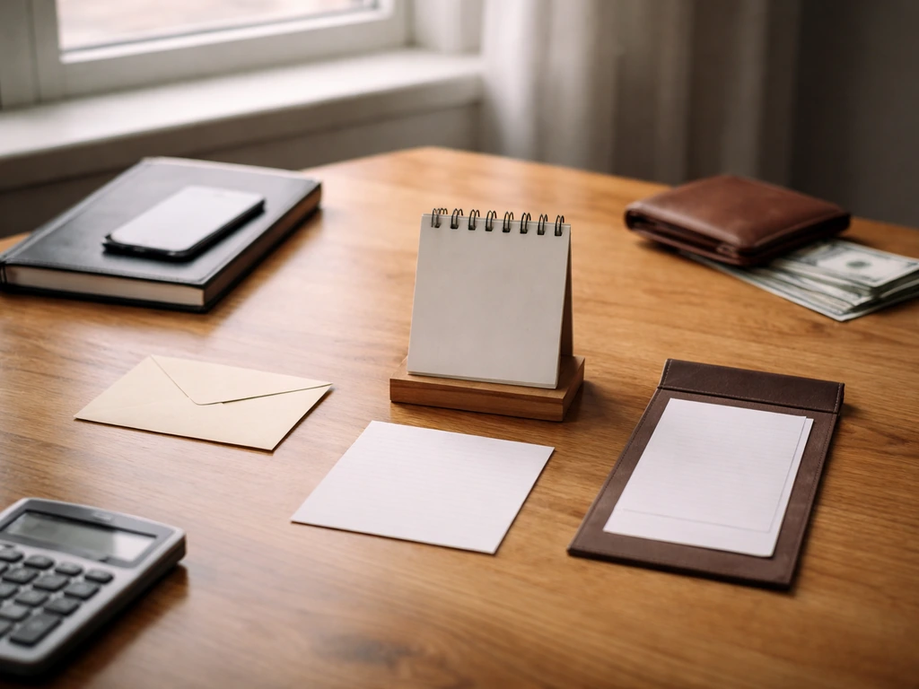 Minimal desk scene with scattered cash and a closed notebook, symbolizing income streams and financial analysis.